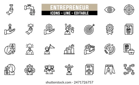 25 iconos de emprendedores, línea de Vector, trazo editable.