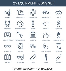 25 equipment icons. Trendy equipment icons white background. Included outline icons such as snorkel, cargo truck, stopwatch, basketball, robot. equipment icon for web and mobile.
