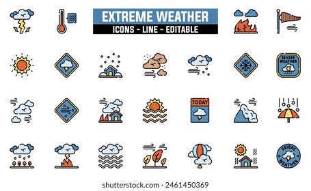 25 extreme weather icons set, vector line, editable stroke.