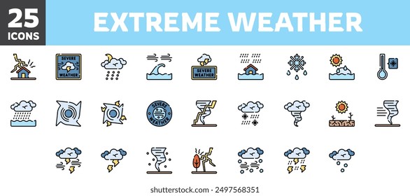 25 extreme weather icons set, vector line, editable stroke.