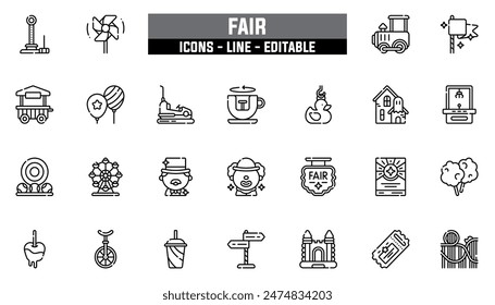 25 fair icons set, vector line, editable stroke.