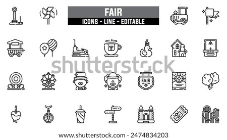 25 fair icons set, vector line, editable stroke.