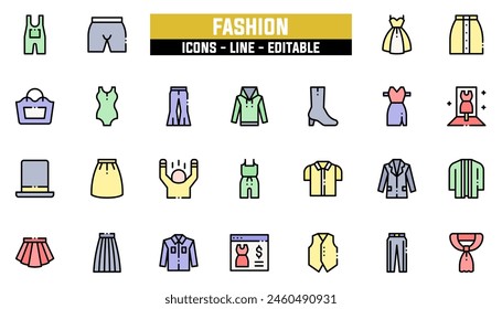 25 fashion icons set, vector line, editable stroke.