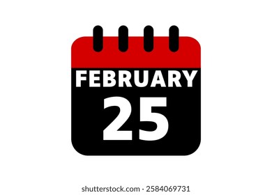 25 February calendar icon text page monthly web design on red, black and white background vector, icon, or illustration with the month of February 25