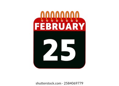 25 February calendar icon text page monthly web design on red, black and white background vector, icon, or illustration with the month of February 25