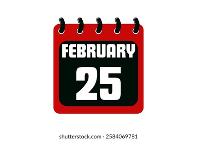 25 February calendar icon text page monthly web design on red, black and white background vector, icon, or illustration with the month of February 25