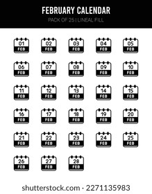 25 February Calendar Lineal Fill icons Pack vector illustration.