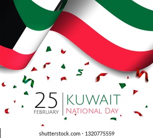 25 february Kuwait National Day Vector Template with flag and confetti with green red and black colors. Design Illustration