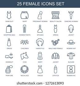 25 female icons. Trendy female icons white background. Included outline icons such as swim suit, skirt, pregnant woman, beauty salon, dancing woman. female icon for web and mobile.