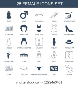 25 female icons. Trendy female icons white background. Included filled and line icons such as skirt, male, eyelashes, comb, straight hair, equalizer. female icon for web and mobile.