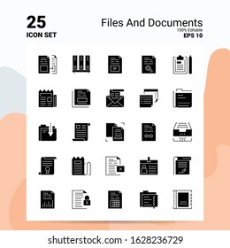 25 Files And Documents Icon Set. 100% Editable EPS 10 Files. Business Logo Concept Ideas Solid Glyph icon design
