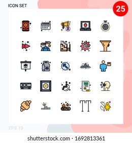 25 Pfeil für Volllinienflachfarben-Konzept für Websites Mobile und Apps; Zeit; Krebstag; Zeitgeber; Design-Elemente für Vektorillustrationen mit Schildbearbeitung
