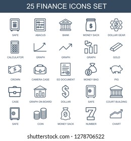 25 finance icons. Trendy finance icons white background. Included outline icons such as safe, abacus, bank, money sack, dollar gear, calculator. finance icon for web and mobile.