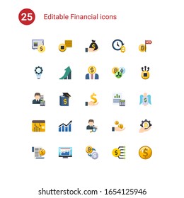 25 íconos financieros fijos establecidos en . Iconos con depósito de alquiler, Tokens, Deposit, fintech Innovation, Growth, Entrepreneurship, Accountant, Business education, iconos de inversión.