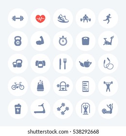 25 fitness icons set, gym, workout, exercises, training pictograms on white, vector illustration
