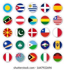 25 Flags of the world, set icons circular shape, flat vector illustration