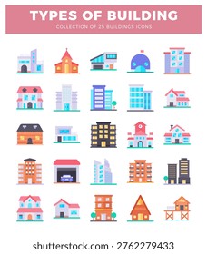 25 flat building icons. urban and suburban architecture. houses. apartments.