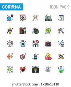 25 Paquete de iconos Covid19 de línea llena de color plano como el cráneo; tubos; respirar; ensayo; Enfermedad de coronavirus viral en sangre 2019-nov Elementos de diseño de vectores