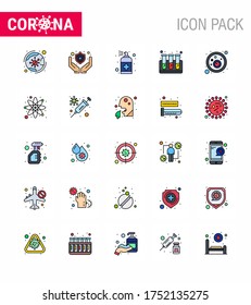 25 Flat Color Filled Line Corona Virus pandemic vector illustrations bacteria; test tubes; spray; test; soap viral coronavirus 2019-nov disease Vector Design Elements