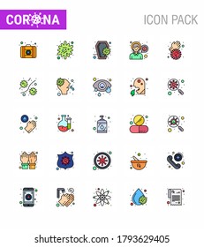 25 Flat Color Filled Line Virus Corona Icon Pack, wie Bakterien; krank; Coronavirus; Schmerzen; Kopf-Virus Coronavirus 2019-nov Krankheit Vektor Design Elements