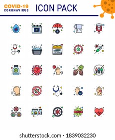 25 Flat Color Filled Line Coronavirus Epidemic Icon Pack wird als Diagnose angezeigt. Flasche; Versicherungsdienst; Blut; Vektor Design Elements