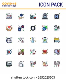 25 Flat Color Filled Line Coronavirus disease and prevention vector icon medicine; rip; ambulance; mortality; count viral coronavirus 2019-nov disease Vector Design Elements