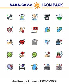 25 Flat Color Filled Line Coronavirus disease and prevention vector icon flask; emergency; hands; telephone; doctor on call viral coronavirus 2019-nov disease Vector Design Elements