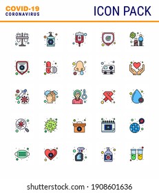 25 Flat Color Filled Line Set of corona virus epidemic icons. such as tourist; shield; care; safety; medical viral coronavirus 2019-nov disease Vector Design Elements