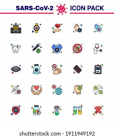 25 Flat Color Filled Line coronavirus epidemic icon pack suck as cleaned; protect; smart watch; hand; life viral coronavirus 2019-nov disease Vector Design Elements