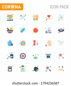 25 Flat Color Set of corona virus epidemic icons. such as atom; life; gloves; health; beat viral coronavirus 2019-nov disease Vector Design Elements