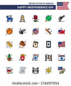 25 Flat Filled Line Signs for USA Independence Day weapon; gun; imerican; united; baseball Editable USA Day Vector Design Elements