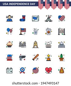 25 Flat Filled Line Signs for USA Independence Day heart; american; states; american; tent Editable USA Day Vector Design Elements