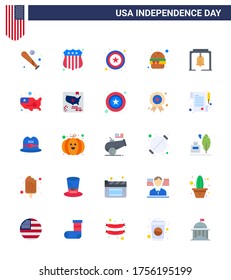 25 Flat Signs for USA Independence Day christmas bell; alert; police; meal; fast Editable USA Day Vector Design Elements
