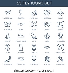 25 fly icons. Trendy fly icons white background. Included outline icons such as paper plane, balloon, love bird, butterfly, plane, wings, rocket. fly icon for web and mobile.