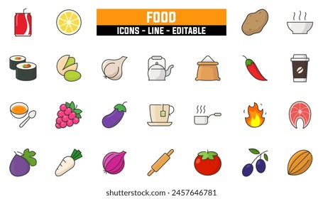 25 food icons set, vector line, editable stroke.