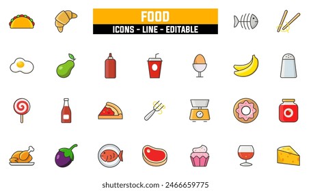 25 food icons set, vector line, editable stroke.