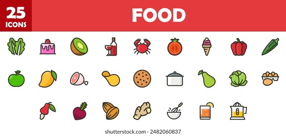 25 food icons set, vector line, editable stroke.