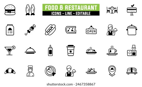 25 iconos de comida y restaurante, línea de Vector, trazo editable.