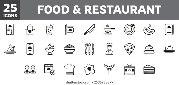 25 food and restaurant icons set, vector line, editable stroke.