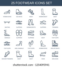 25 footwear icons. Trendy footwear icons white background. Included outline icons such as woman shoe, ice skate, boot, woman boot, skating, slippers. footwear icon for web and mobile.