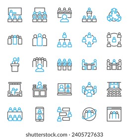 25 forum and class icons in dual tone line style, including discussion, group, workspace, organization, class, business and more.