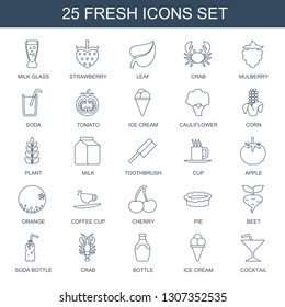 25 fresh icons. Trendy fresh icons white background. Included line icons such as milk glass, strawberry, leaf, crab, mulberry, soda, tomato, ice cream. fresh icon for web and mobile.
