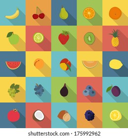 25 fruit icons in colorful flat design style vector