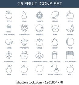 25 fruit icons. Trendy fruit icons white background. Included line icons such as apple, pear, tomato, lemon, Slot machine, strawberry, orange, bean. fruit icon for web and mobile.