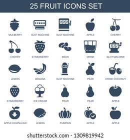 25 fruit icons. Trendy fruit icons white background. Included filled icons such as mulberry, Slot machine, apple, cherry, Cherry, strawberry, bean. fruit icon for web and mobile.