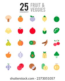 25 Fruit and Veggies Flat icon pack. vector illustration.