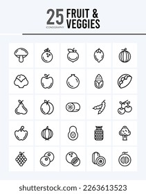 25 Fruit and Veggies Outline icons Pack vector illustration.