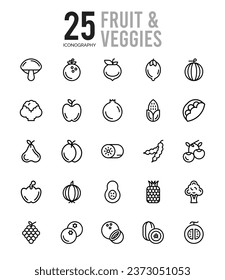 25 Fruit and Veggies Outline Icons Pack Vektorgrafik.