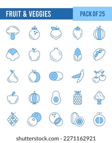 25 Fruit and Veggies. Two Color icons Pack. vector illustration.
