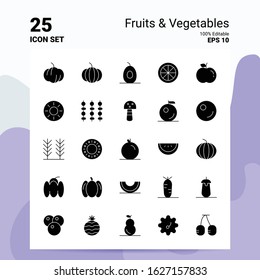 25 Fruits & Vegetables Icon Set. 100% Editable EPS 10 Files. Business Logo Concept Ideas Solid Glyph icon design